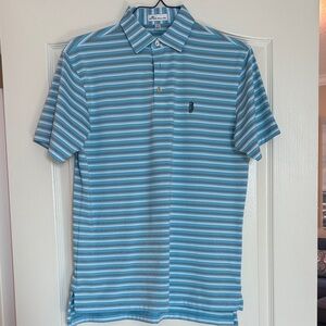 Peter Millar Blue, White and black Striped Polo Shirt with seahorse logo.